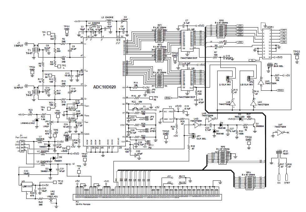 ADC10D020EVAL, Evaluation Board using ADC10D020, 10-bit, 20 MSPS, 3 Volt, 150mW Analog-to-Digital Converter with internal sample and hold circuit