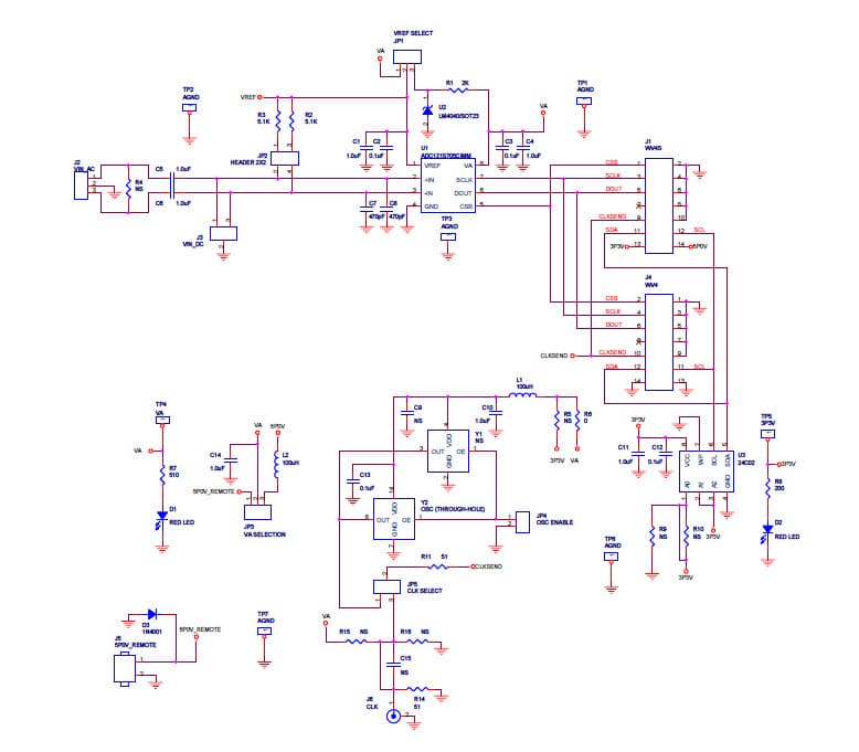 ADC121S705EB, Evaluation Board using ADC121S705, 12-bit, 500 kSPS to 1 MSPS differential input, micro power sampling ADC