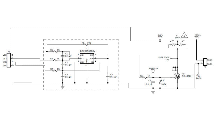 BQ294502EVM-033, Evaluation Board using bq294502 voltage protector for 2-series or 3-series cell Li-Ion battery