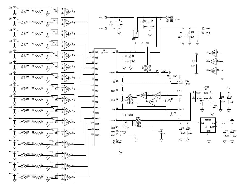 EVAL-AD7490CB, Evaluation Board using AD7490, 16-channel, 1 MSPS, 12-bit Analog to Digital Converter with sequencer