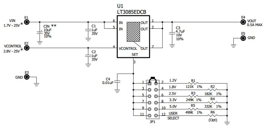 DC1401A, Demonstration Board using LT3085EDCB, 500-mA adjustable Single Resistor LDO Linear Regulator