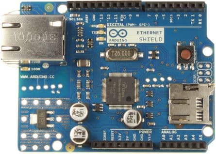 A100072, Arduino Ethernet Shield based on the WizNET W5100 Ethernet chip, provides a network (IP) stack capable of both TCP and UDP