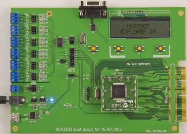 ADM00310, ADC Evaluation Board for 16-bit MCU system provides the ability to evaluate the performance of the MCP3903 six channel sigma-delta ADC