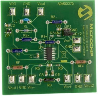 ADM00375, Evaluation Board is intended to support an instrumentation amplifier and show the capability of the MCP6H04 operational amplifier