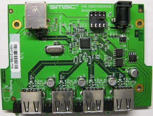 EVB-USB2514BC, Evaluation Board using the USB2514B High Speed USB 2.0 Multi TT 4 Port Hub with Battery Charging Support