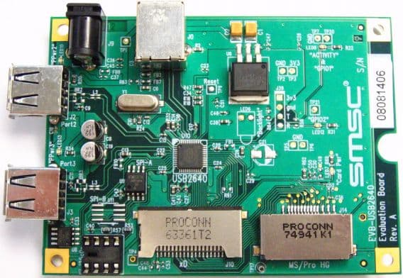 EVB-USB2640, Evaluation Board using the USB2640 USB 2.0, 2 Port Hub, with Ultra Fast Flash Media Controller