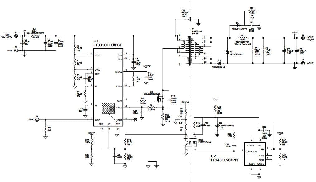 DC1963A, Demonstration Board using the LT8310, 48VIN to 12V/6A Isolated forward Converter