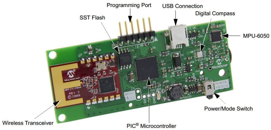 DM240316, Motion Sensor Demo Board powered by a PIC24F MCU with on-board USB functionality