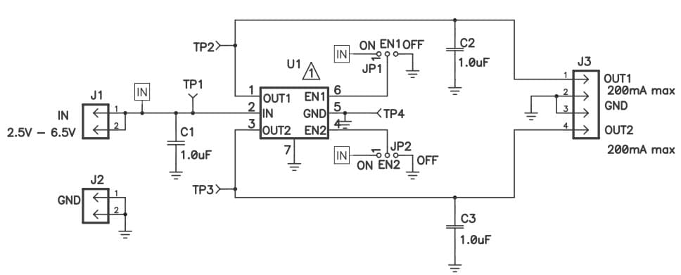 TPS71933-28EVM-213, Evaluation Module for TPS71933-28 low quiescent current, wide bandwidth, dual low-dropout linear regulator