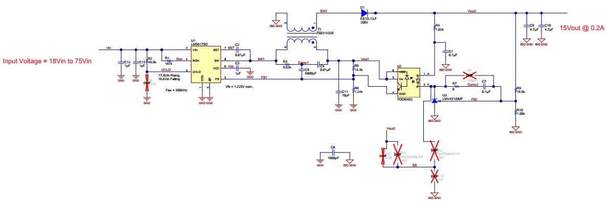 PMP9298, 18Vin to 75Vin, 15Vout @ 0.2A, Isolated Fly-Buck Converter