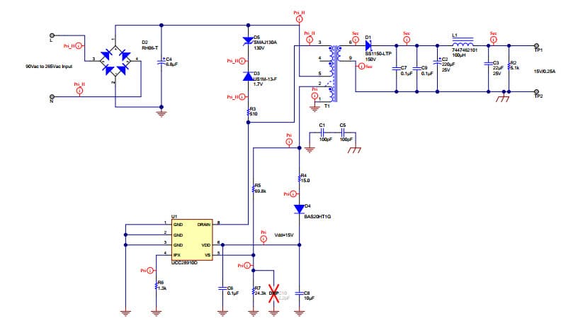 PMP9171, Primary-Side Regulated Flyback for universal AC Input and 15V/0.25A output