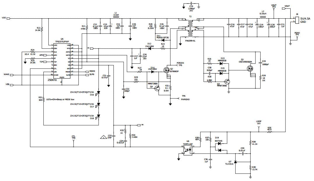 PMP9013, Class 4 - Synchronous Flyback Converter (5V @ 4.5A) with Sleep Mode for PoE