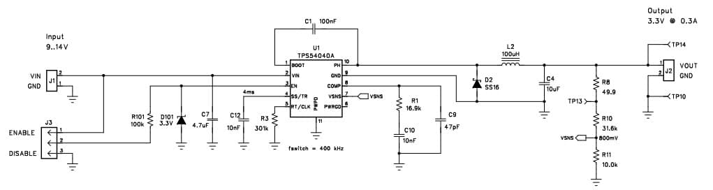 PMP8715, 9V to 14V Input,3.3V / 0.3A Buck Converter using a ceramic output capacitor switching at 398 kHz