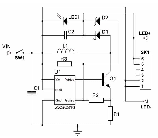 ZXSC310EV3, Evaluation Board for ZXSC310 a single or multi cell LED driver in an SOT23-5 package