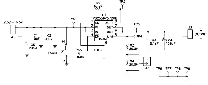 TPS2556DRBEVM-423, Evaluation Module for TPS2556 Power-Distribution Switch with Adjustable Current-Limit