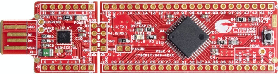 CY8CKIT-049-41xx, PSoC 4 Prototyping Kit using the ARM 32-bit Cortex-M0 CY8C41xx device family to support the PC connectivity through the USB-Serial controller