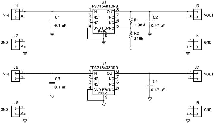 TPS715AXXEVM-065, Evaluation Module based on TPS715 a Low Dropout LDO Regulator in a 3x3-mm QFN Package