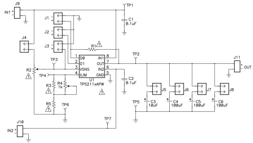 TPS2111AEVM-061, Evaluation module for the TPS2111A dual input, single output Auto switching Power MUX