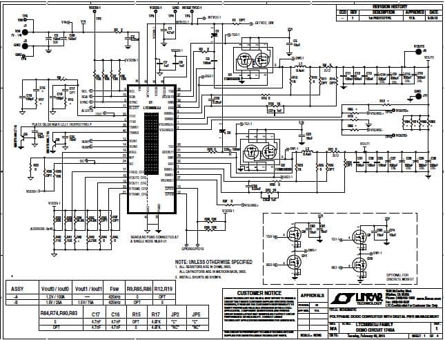 DC1740A-B, Demo Board featuring LTC3880EUJ PolyPhase Step-Down DC/DC Converter with Digital Power System Management, 7V VIN 14V, VOUT0: 0.5V to 4.1V @ 20A, VOUT1: 0.5V to 4.1V @ 60A, PMBUs Controlled