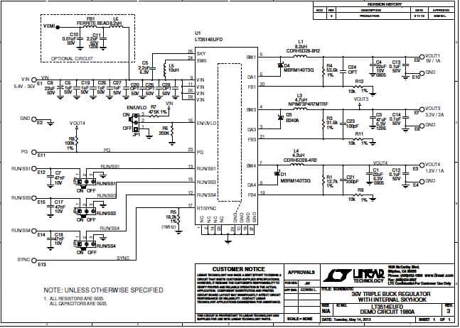 DC1980A, Demo Board featuring LT3514 Triple Step-Down Switching Regulator with 100% Duty Cycle Operation