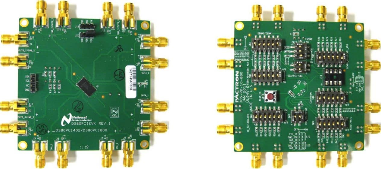 DS80PCI402EVK/NOPB, SMA Evaluation Kit for the DS80PCI402, 2.5-Gbps, 5.0-Gbps and 8.0-Gbps, 4-Lane PCI Express Repeater with Equalization and De-Emphasis