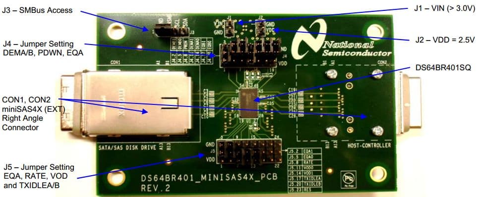 DS64BR401EVK, SATA/SAS MiniSAS4X Cable Extender Demonstration Kit provides a complete cable extension solution using DS64BR401