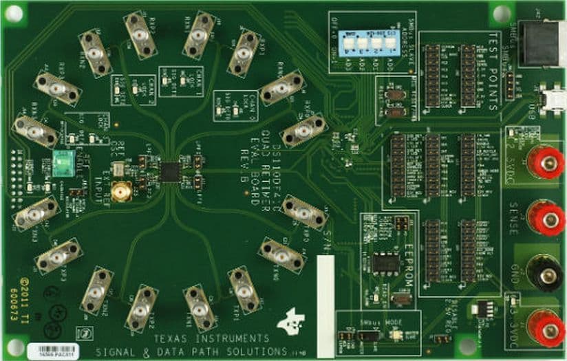 DS110DF410EVK, Evaluation Board examines the advanced signal conditioning capabilities of the quad retimer products using SMA connectors for the high speed signal