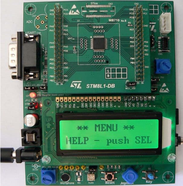 STM8L101-EVAL, Evaluation Board composed of two boards, a Mother Board and a Daughter Board based on STM8L101 MCU