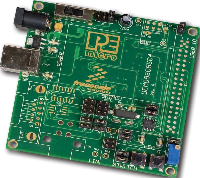 DEMO9S08SC4, S9S08SC4 Demonstration Board for the MC9S08SC4 S08 family of 8-bit Microcontroller