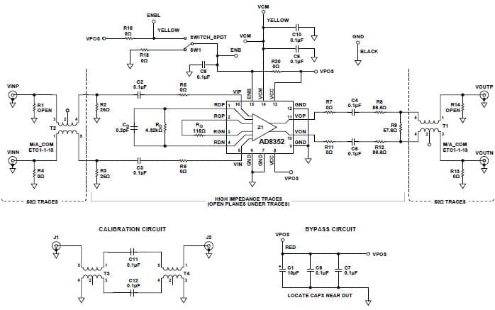 AD8352-EVAL, Evaluation Board for AD8352, 2GHz Ultra low Distortion Differential RF/IF Amplifier