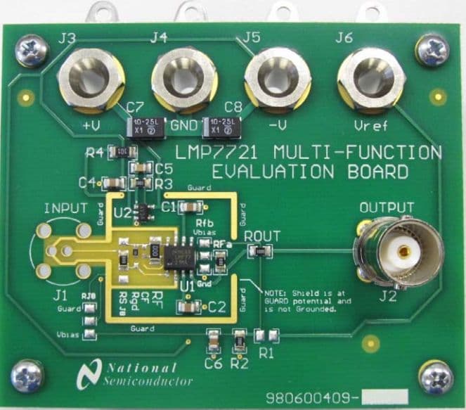 LMP7721MAEVAL, Evaluation Board using LMP7721 operational amplifier, 3 Femto Ampere Input Bias Current Precision Amplifier