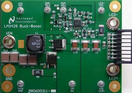 LM3429BKBSTEVAL, wide range evaluation board showcases the LM3429 NFET controller used with a buck-boost current regulator