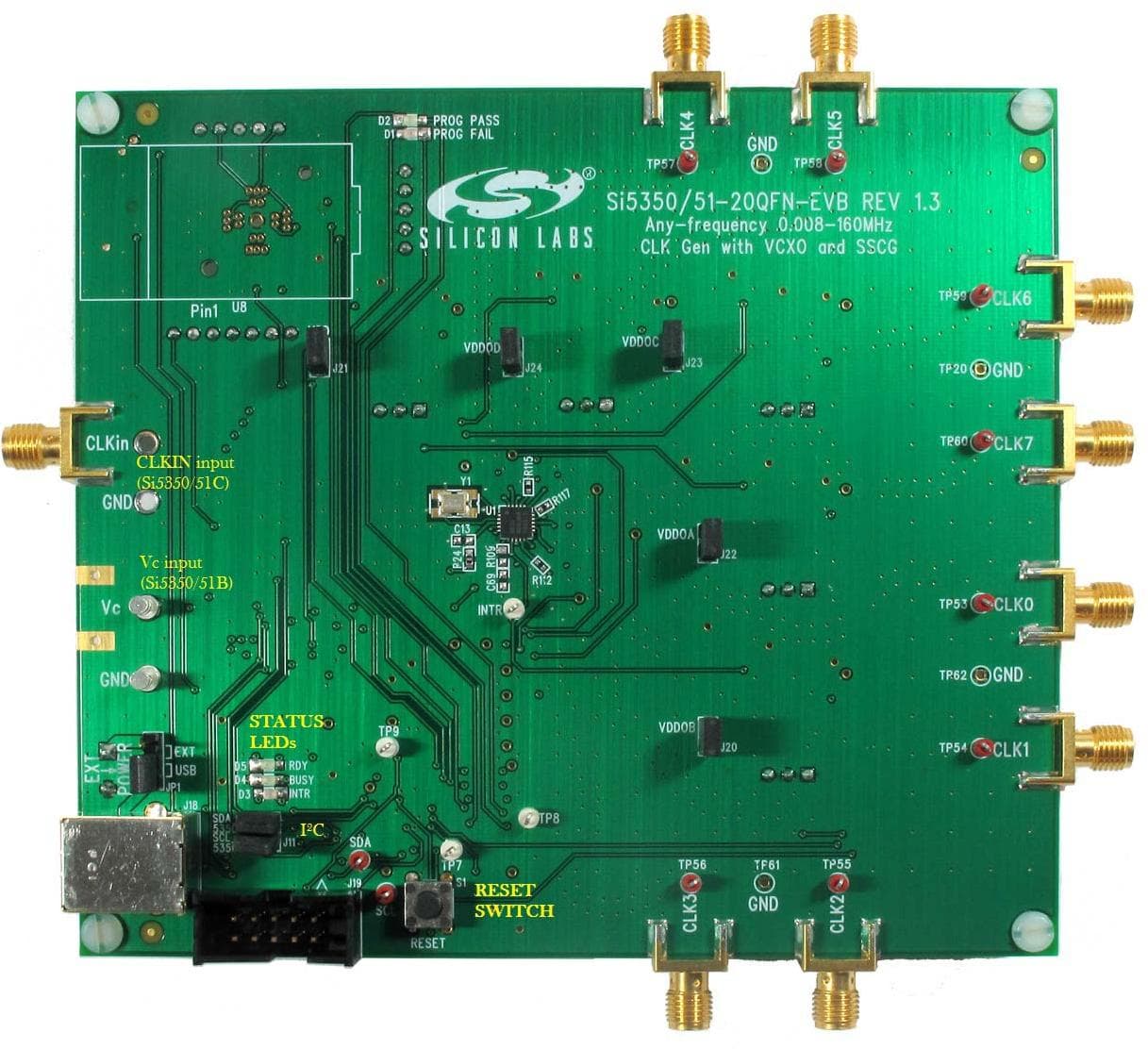 Si535x-B20QFN-EVB, Evaluation Board for the Si5351 any-frequency, 0.008-160 MHz CMOS clock generator + VCXO