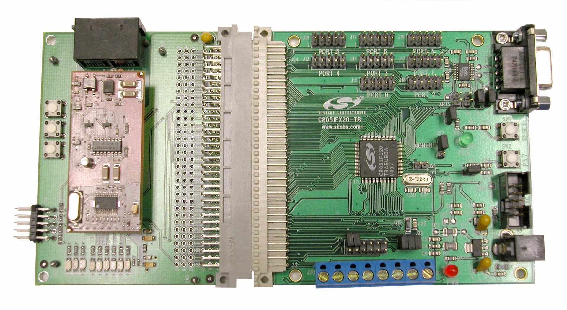 MODEM-DK, Embedded Modem Development Kit contains C8051F120 Target Board, AB3 Modem Adapter Board, Si2457FT18-EVB Modem Board