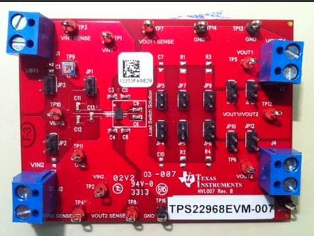 TPS22968EVM-007, Evaluation module that featuring TPS2296, contains a dual channel, ultra low ON resistance, 4-A load switch with controlled turn and adjustable rise time