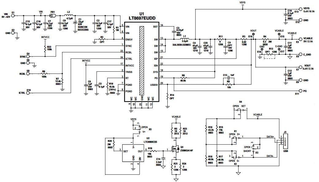 DC1973A, Demonstration Board using LT8697 USB, 5V, 2.5A Output, 42V Input Synchronous Buck with Cable Drop Compensation