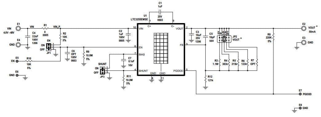 DC2041A, Demonstration Board using LTC3255EMSE Wide VIN Range Fault Protected 50mA Step-Down Charge Pump