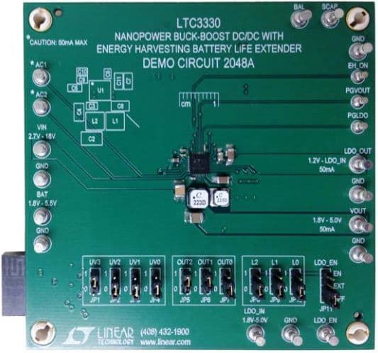 DC2048A, Demonstration Board using LTC3330EUH nano-power Buck-Boost DC/DC with Energy Harvesting Battery Life Extender