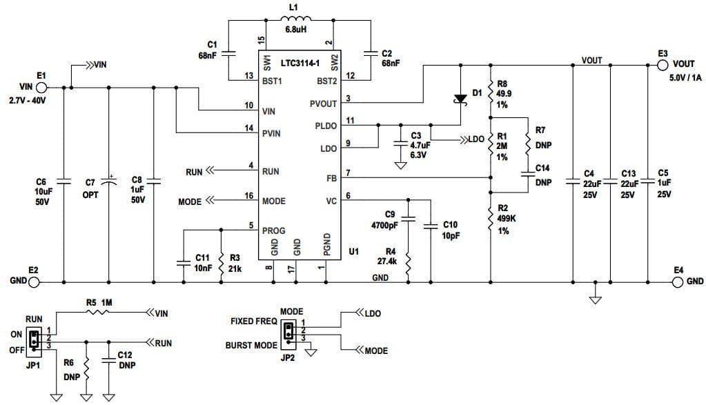 DC1821A, Demonstration Board using LTC3114EDHC 40V, 1A Synchronous Buck-Boost DC/DC Converter with Output Current Limit