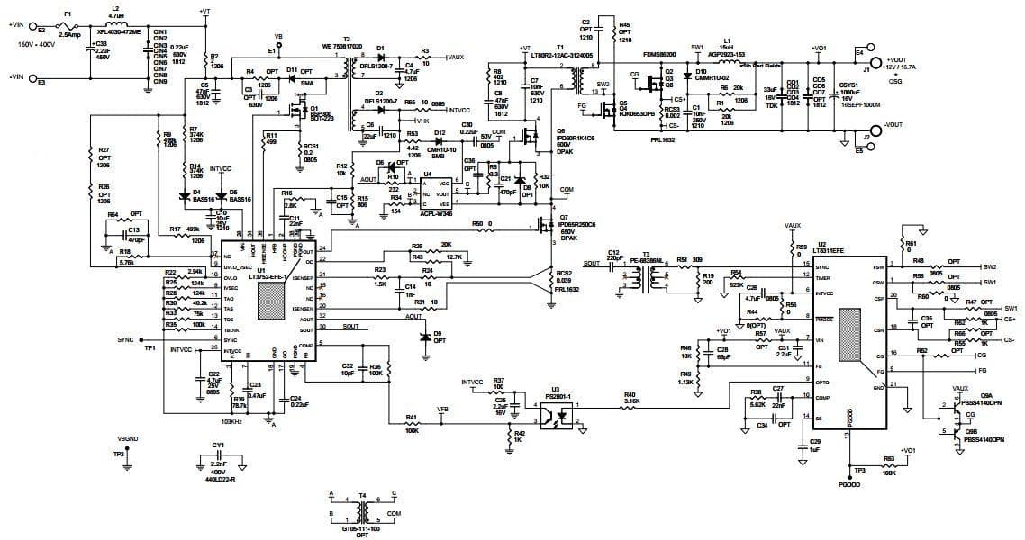 DC1929A, Demonstration Board using LT3752, 200W Active Clamp forward Converter with Input Voltage 150V to 400V