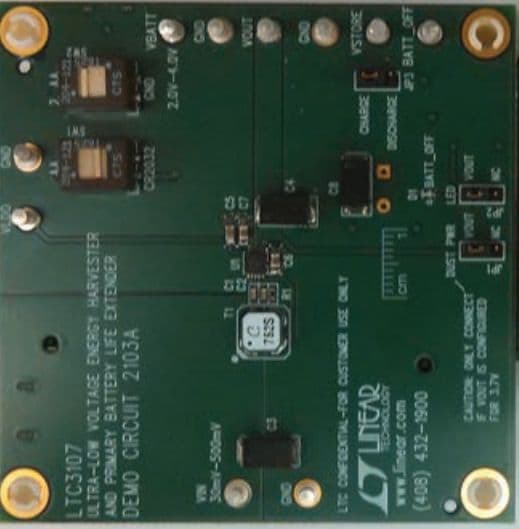 DC2103A, Demonstration Board using LTC3107EDD Ultra Low Voltage Energy Harvester and Primary Battery Life Extender