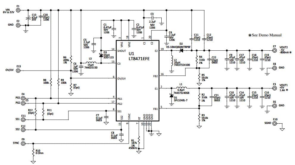 DC1854A, Demonstration Board using LT8471EFE Dual Output, Buck and Inverting Converter