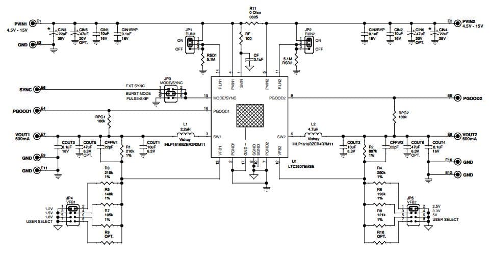 DC1847A, Demonstration Board using LTC3607EMSE Dual 600 mA, 15 V Monolithic Synchronous Step-Down Regulator