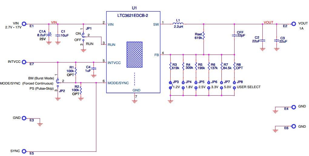 DC1864A, Demonstration Board using LTC3621, 17V, 1A Monolithic Synchronous Step-Down Regulator