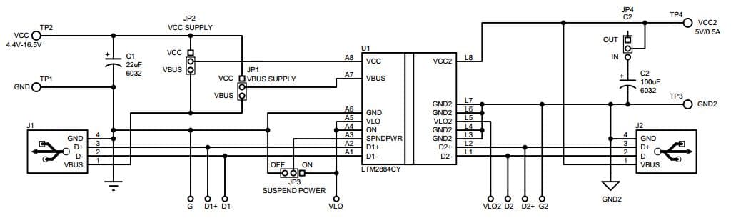 DC1789A, Demonstration Board using LTM2884 Isolated USB Transceiver with Isolated Power