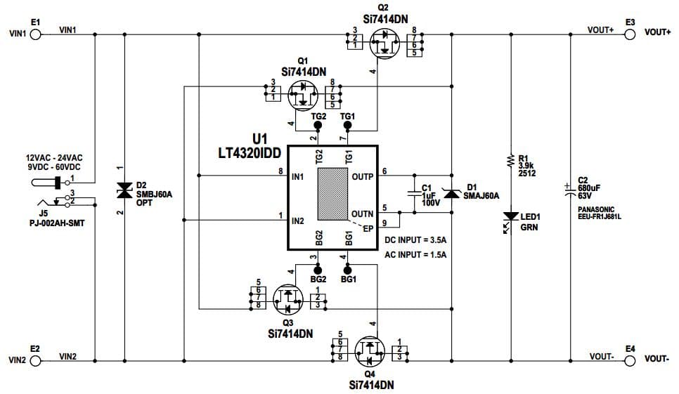 DC1902B, Demonstration Board using LT4320IDD, 32-W Ideal Diode Bridge Full-Wave Rectifier