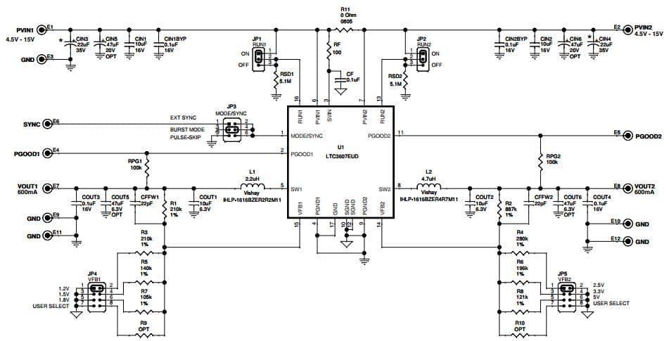 DC1596A, Demonstration Board using LTC3607EUD Dual 600mA 15V Monolithic Synchronous Step-Down Regulator