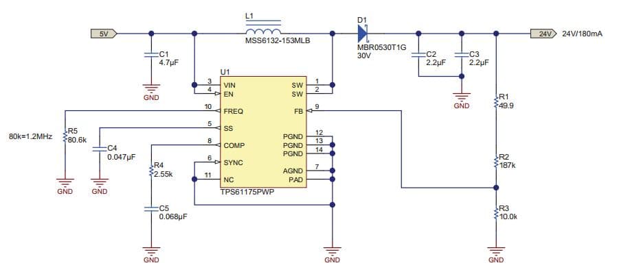 PMP10001.2, Using the TPS61175, 5V Input, 24V at 0.18A Output Boost Regulator