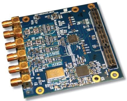 DEV-ADC34J22 is a four channel ADC daughter card which features ADC34J22 a quad, 12 bit, 50Msps, JESD204B compliant analog to digital converter