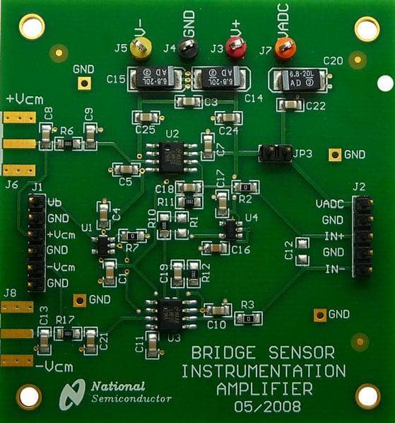 LMP2021MAEVAL/NOPB, Instrumentation Amplifier Evaluation Board is configured as a differential-in, differential-out amplifier using the LMP2021